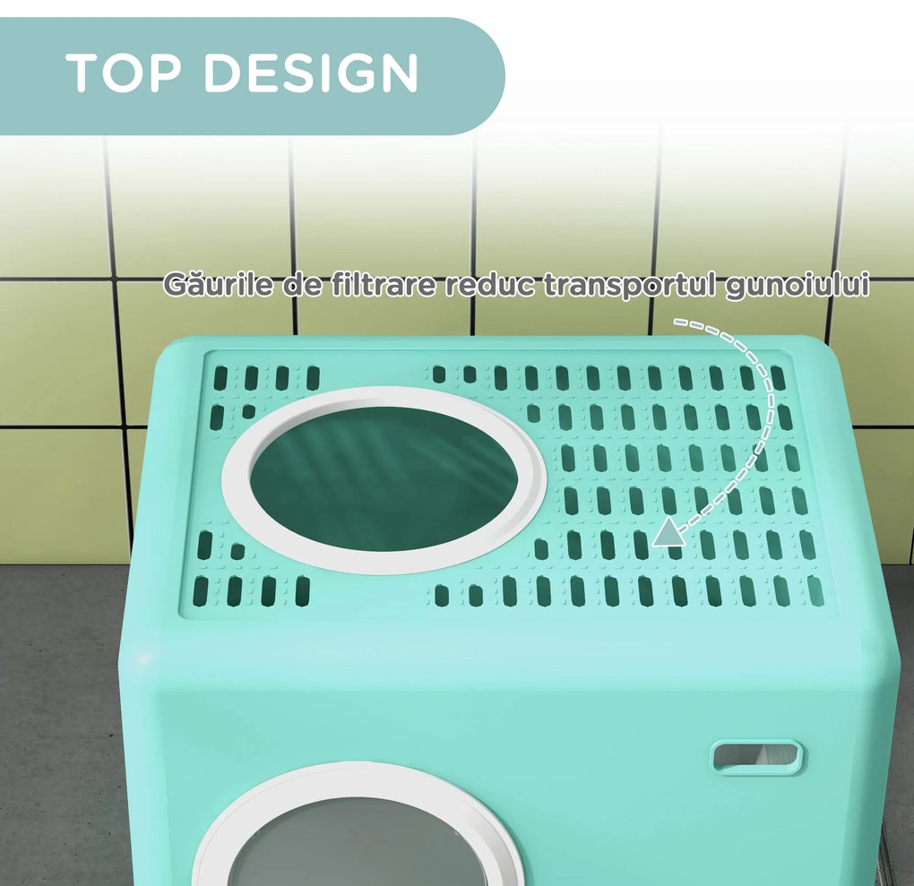 PawHut Litieră pentru Pisici cu Capac și Lopățică, Intrare Dublă și Tavă Detașabilă, 52x41x38.5 cm, Verde | Aosom Romania