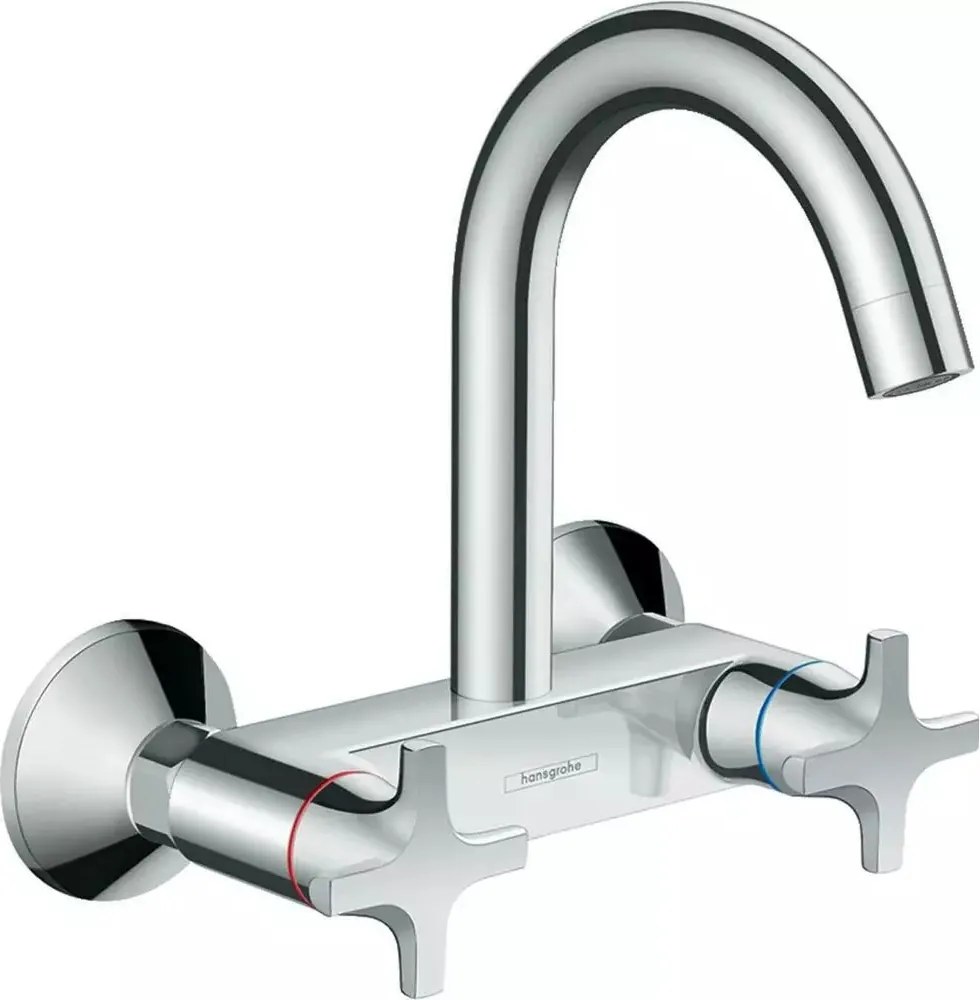 Baterie bucatarie dubla comanda Hansgrohe Logis M32 pipa inalta cu 1 jet manere cruce crom lucios