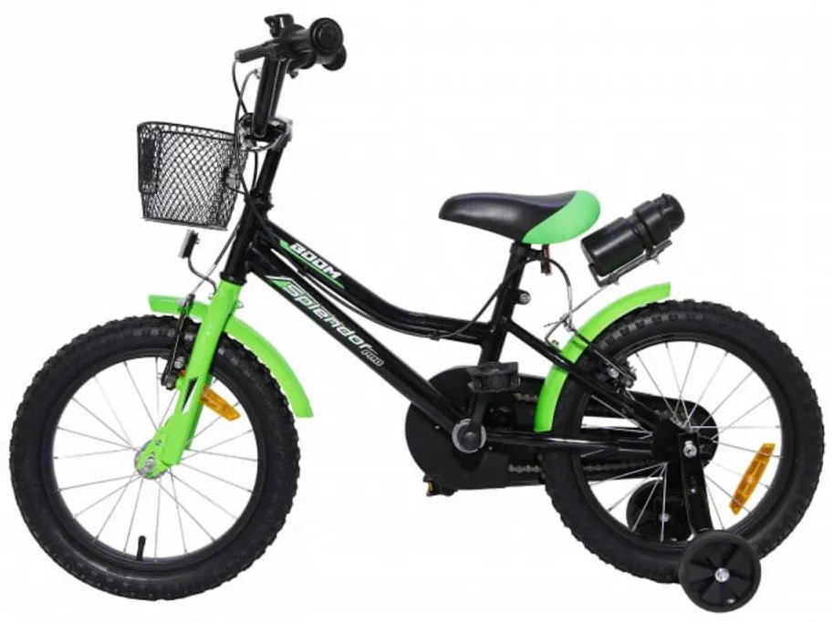 Bicicleta pentru copii NOVOKIDS™ Splend'Or Boom Edition, Cosulet, Roti 14" inch, Max 35 kg, Cadru otel, Roti ajutatoare, Ghidon reglabil, Negru Verde