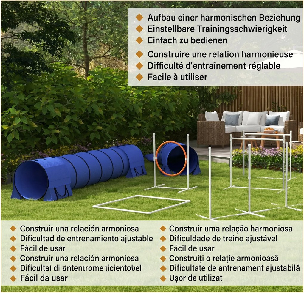PawHut Echipament de Agilitate pentru Caini cu 7 Piese, Inel de Sărituri, Obstacol, Tuneluri, 67x63x93 cm, Albastru | Aosom Romania