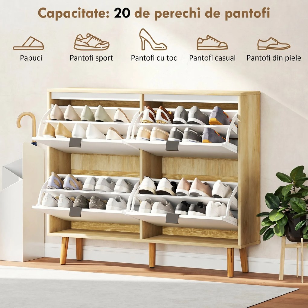 HOMCOM Dulap de pantofi subțire modern cu 4 sertare rabatabile pentru 20 de perechi de pantofi, Alb | Aosom Romania