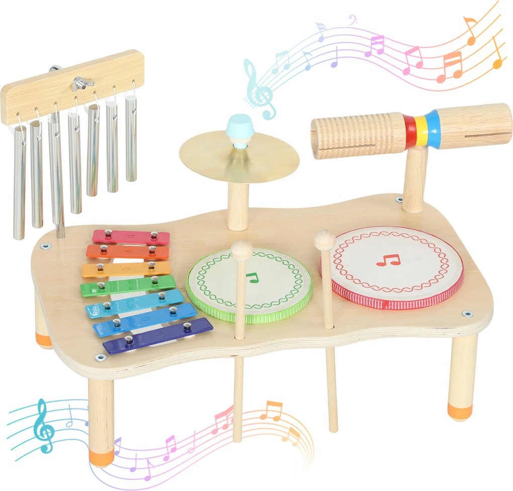 AIYAPLAY Instrumente muzicale pentru copii din lemn Montessori cu tobă xilofon ton dublu talger clopoțel de vânt | Aosom Romania