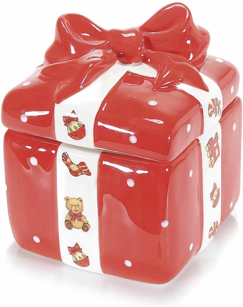 Borcan ceramic rosu alb cu capac decorativ cutie cadou cm 12 x 12 x 14 H