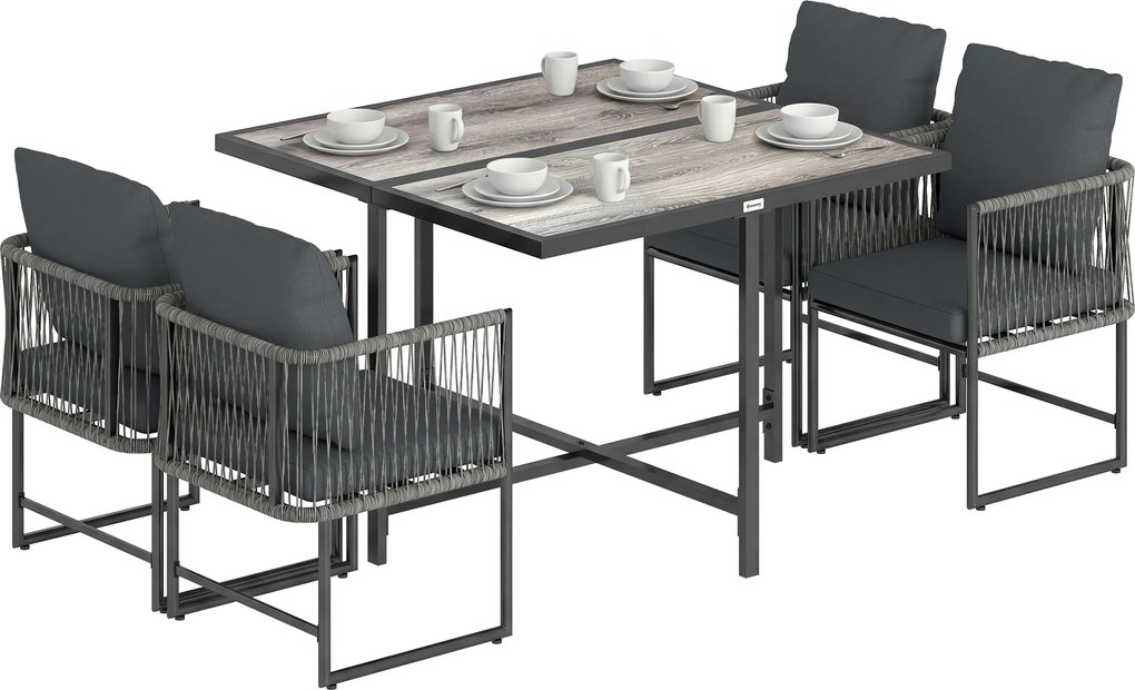 Outsunny Set mobilier grădină din polyrattan 5 piese, economisire de spațiu, set cu masă și 4 scaune, blat DPC, perne, gri | Aosom Romania