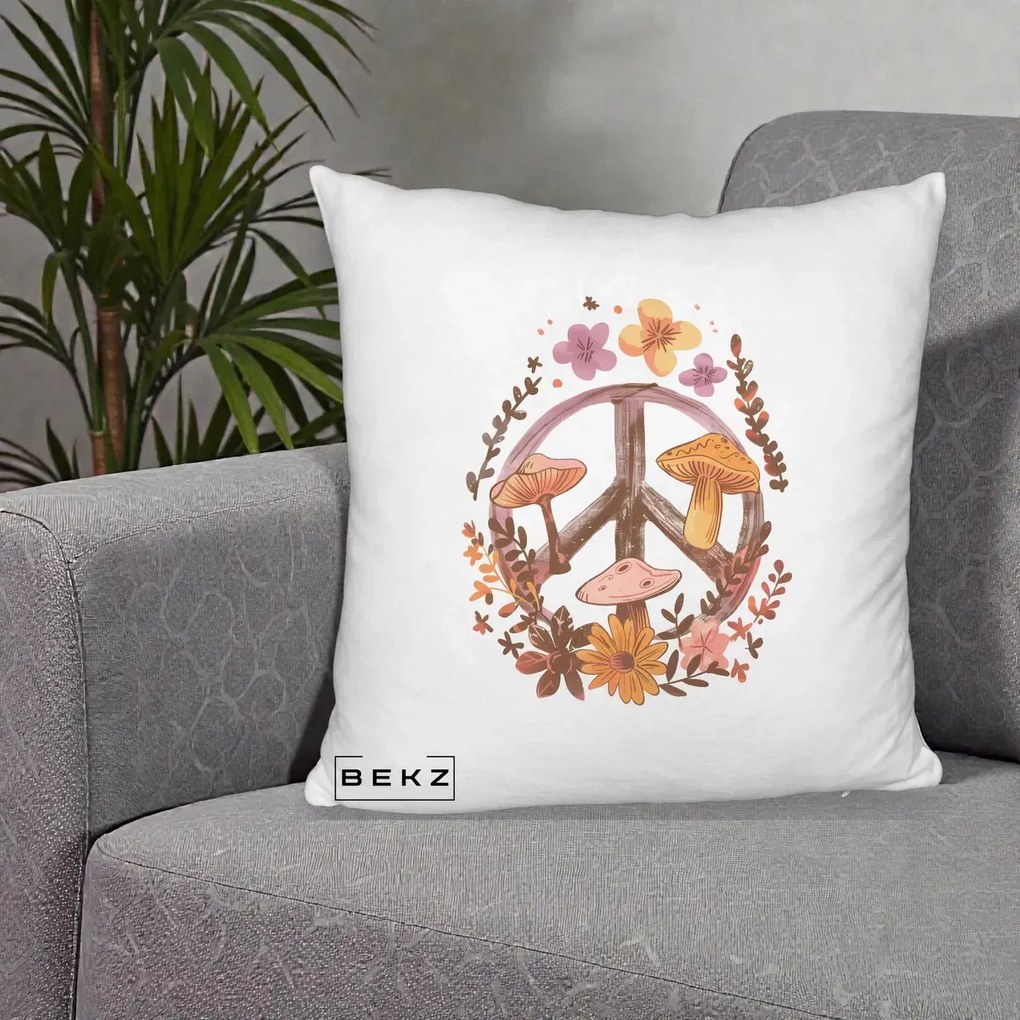 Perna Decorativa Peace Sign Ciuperci Floral, 40x40 cm, Alb Pufos, Husa Detasabila, Perna Inclusa, BEKZ®