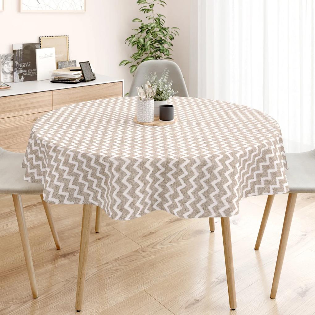 Goldea față de masă decorativă loneta - dungi albe - bej  în zig zag - rotundă Ø 110 cm