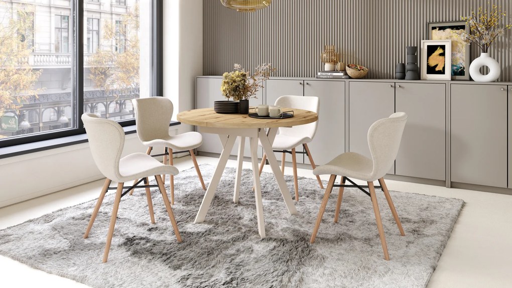 Mazzoni ALMO Stejar Artisan/picioare bej - MASĂ ROTUNDĂ EXTENSIBILĂ CU PICIOARE ÎN FORMĂ DE Y STIL LOFT PENTRU SALON/SUFRAGERIE