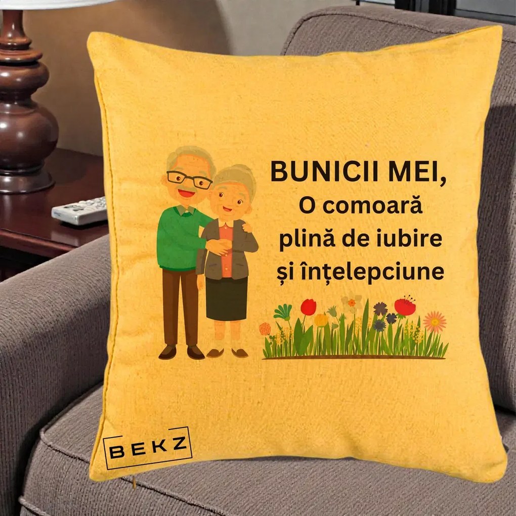 Cadou pentru Bunici - Perna Personalizata Bunicii Mei Comoara Cuplu Senior cu Flori Colorat, 40x40 cm, Galben, Husa Detasabila, Perna Inclusa, BEKZ®