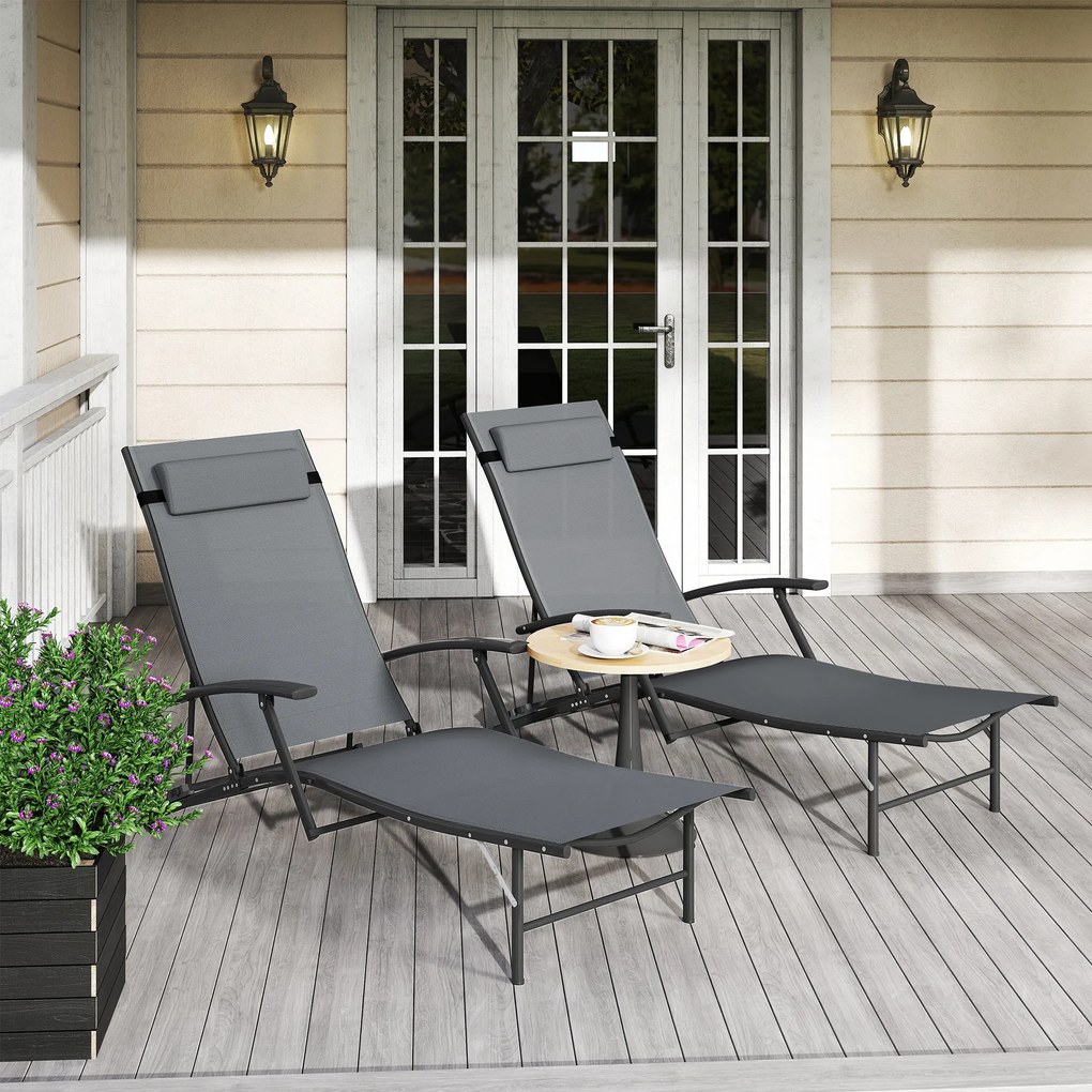 Outsunny Set de 2 Șezlonguri Pliante, Ajustabile în 4 Poziții cu Cotiere și Perne, 64x154x87 cm, Gri | Aosom Romania