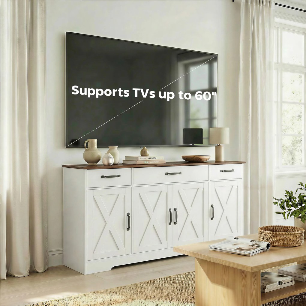 HOMCOM Bufet, mobilier de depozitare pentru bucătărie în stil rustic cu 4 uși tip hambar, 3 sertare, etajere reglabile, alb | Aosom Romania