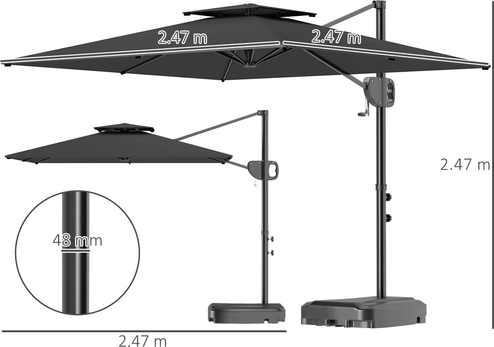 Outsunny Umbrelă de Soare Suspendată cu Parte Superioară Dublă, Mâner cu Manivelă și Înclinare, 247x247x268 cm, Gri | Aosom Romania