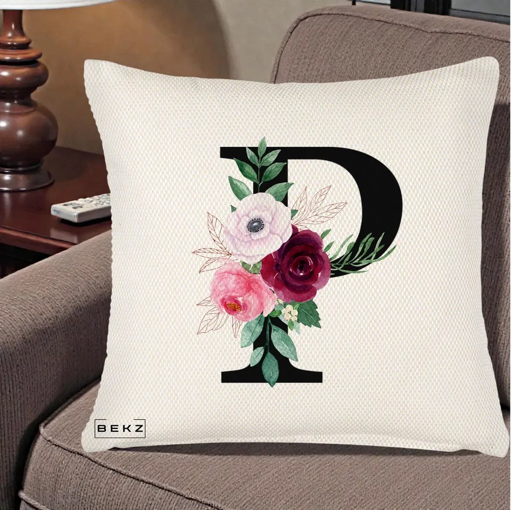 Cadou Personalizat - Perna Personalizata Monograma Florala Litera P, 40x40 cm, Crem Reliefat, Husa Detasabila, Perna Inclusa, BEKZ®