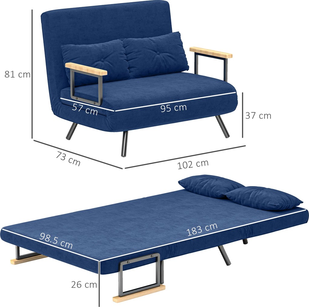 HOMCOM Canapea Pat de 2 Locuri cu Spătar Reglabil pe 5 Nivele și 2 Perne din Material Capitonat, 102x73x81 cm, Albastru | Aosom Romania