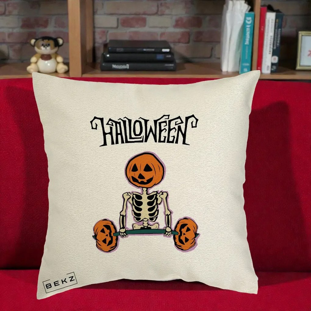 Perna Decorativa Halloween Schelet cu Cap de Dovleac Powerlifting, 40x40 cm, Ecru, Husa Detasabila, Perna Inclusa, BEKZ®