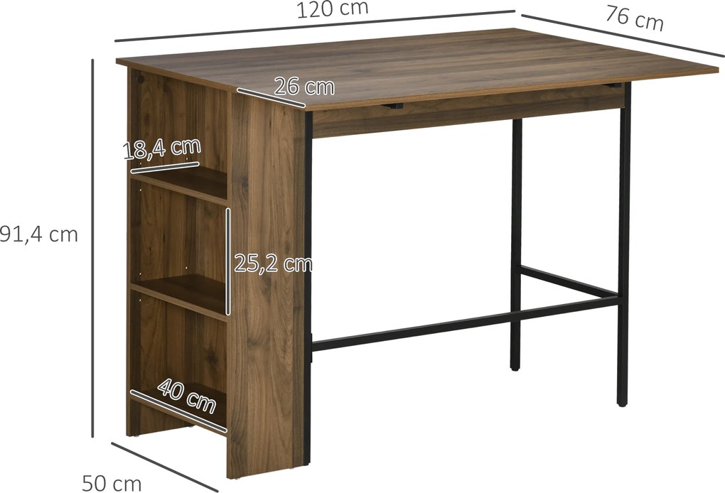 HOMCOM Insulă centrală masă bar masă laterală rabatabilă și 3 rafturi 120 x 76 x 91,4 cm marron | Aosom Romania