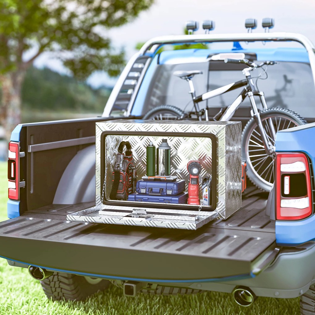 HOMCOM Cutie de Scule din Aluminiu cu Încuietoare și 2 Chei, Box de Depozitare 76L, Rezistentă și Impermeabilă, pentru Pickup Rulote Remorci, 60,9x35,5x40,6cm, Argintiu | Aosom Romania