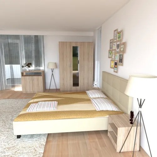 Dormitor Soft Sonoma cu pat tapitat bej pentru saltea 140x200cm