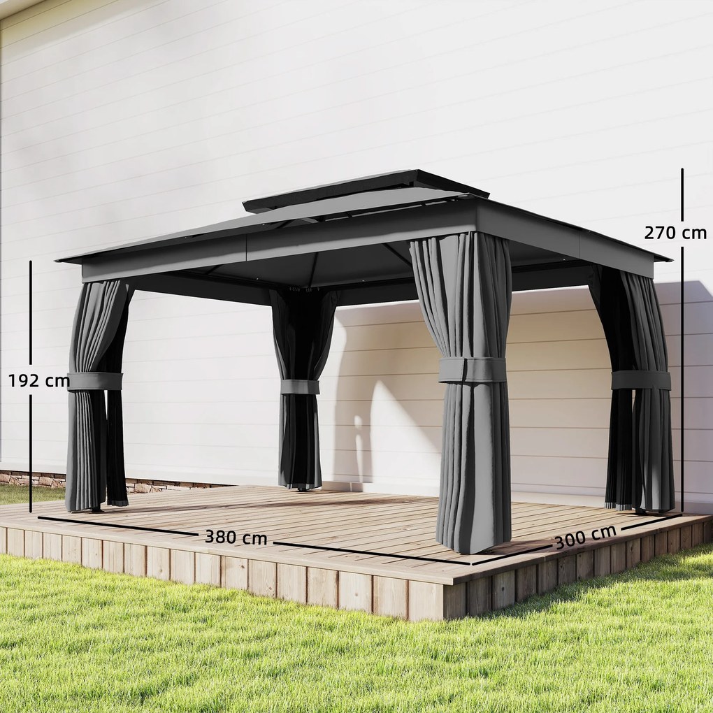 Outsunny Pavilion de Grădină 3,8x3 m cu Perdele, Plasă de Țânțari, Cârlige, Pavilion de Exterior cu Acoperiș Dublu, Orificii de Drenaj, Structură Metalică, pentru Grădină, Terasă, Petreceri, UV30+, Gri Închis | Aosom Romania