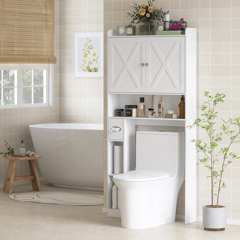 HOMCOM Mobilier WC deasupra toaletei cu dulap uși în formă de X, raft reglabil, compartimente și suport de hârtie, alb | Aosom Romania