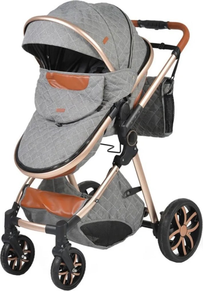 Carucior nou nascuti 2 in 1 NOVOKIDS™ Alma Gold PRO , Cu geanta bebe, Cadru Aluminiu , Amortizoare, Roti din cauciuc plin AVE, Landou, Modul sport,