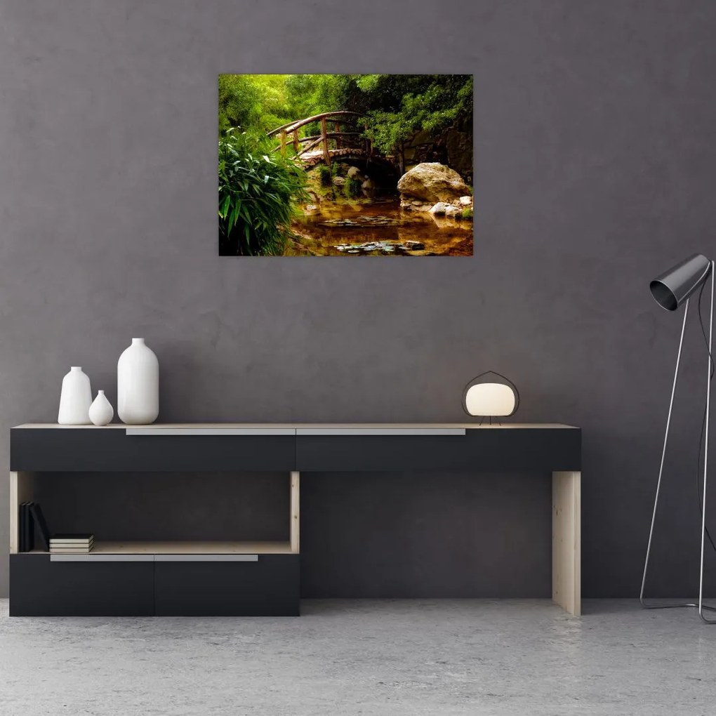 Tablou pe sticlă - Pod prin râu (70x50 cm)