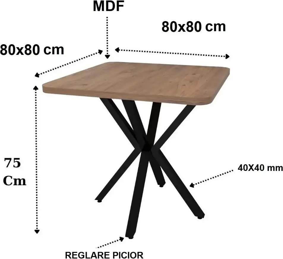 Set masa 80 cm blat MDF si 4 scaune Dnv Homs catifea gri, picioare metalice negre