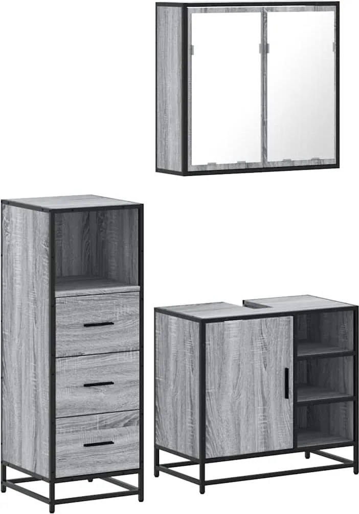 vidaXL Set mobilier de baie, 3 piese, gri sonoma, lemn prelucrat
