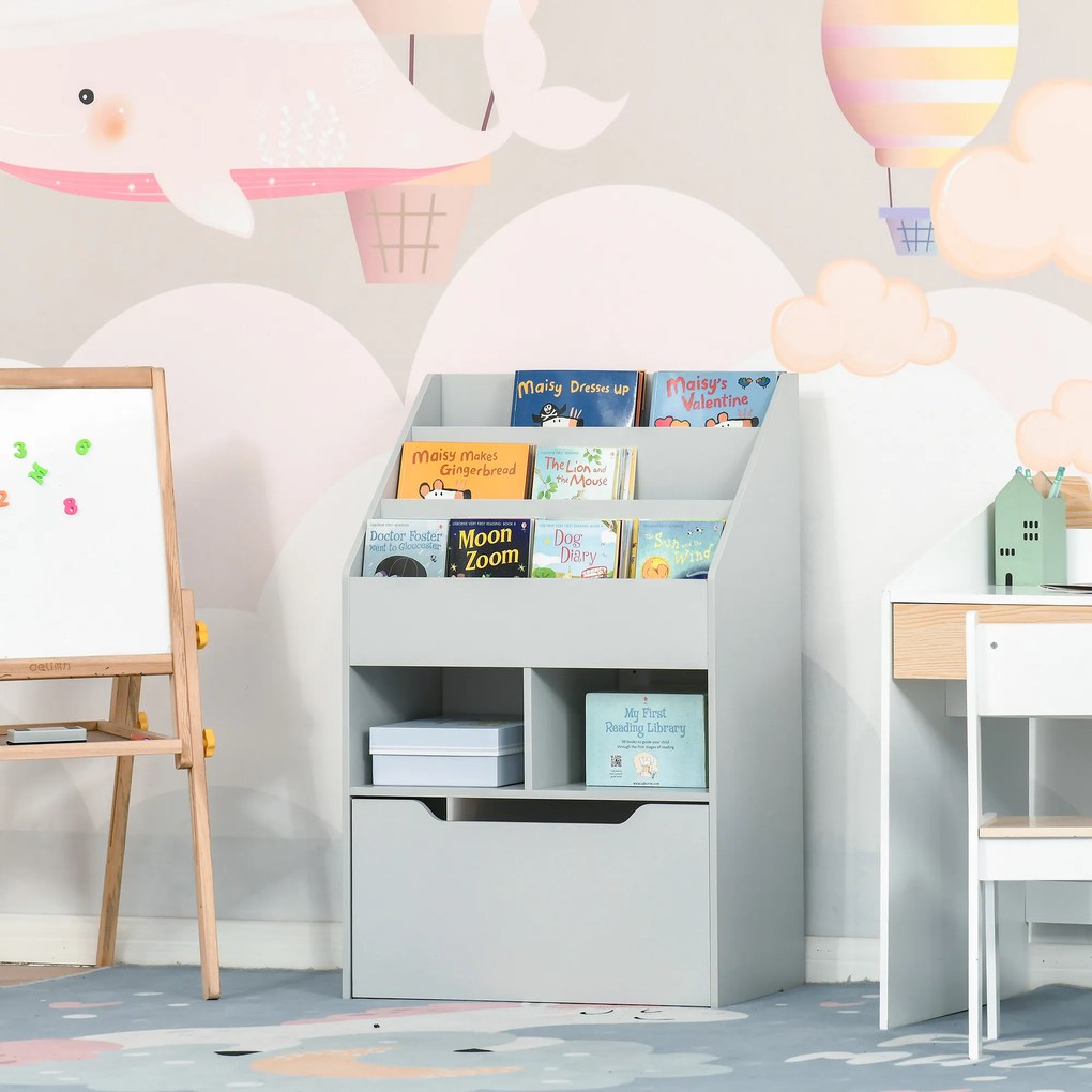 HOMCOM Bibliotecă etajeră Multi-Depozitare 3 rafturi 2 nișe Sertar mare din lemn Gri | Aosom Romania