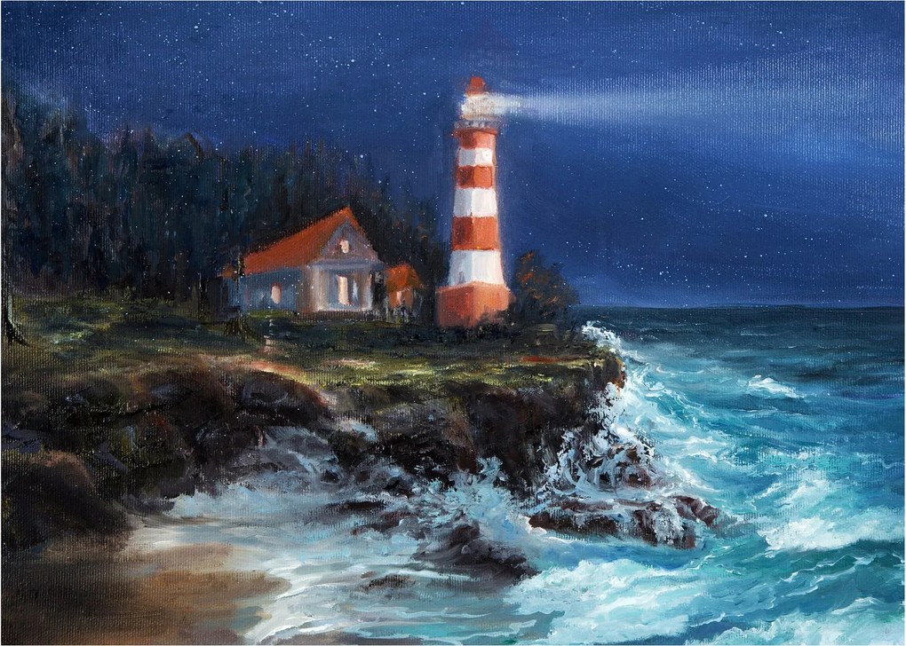Tablou - Far pe malul oceanului, aquarelă (70x50 cm)