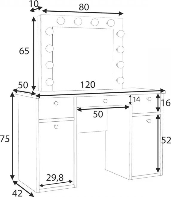 Masuta machiaj cu Oglinda LED si 3 Sertare pentru Cosmetice, Set Masa toaleta 120 cm, Alb, masuta cosmetica, vanity - SEA537