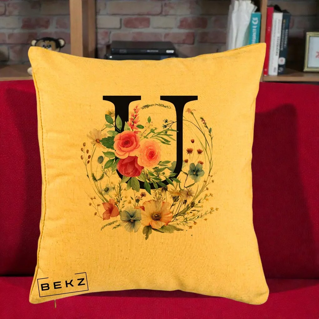 Cadou Personalizat - Perna Personalizata Monogram Litera U cu Flori Acuarela, 40x40 cm, Galben, Husa Detasabila, Perna Inclusa, BEKZ®