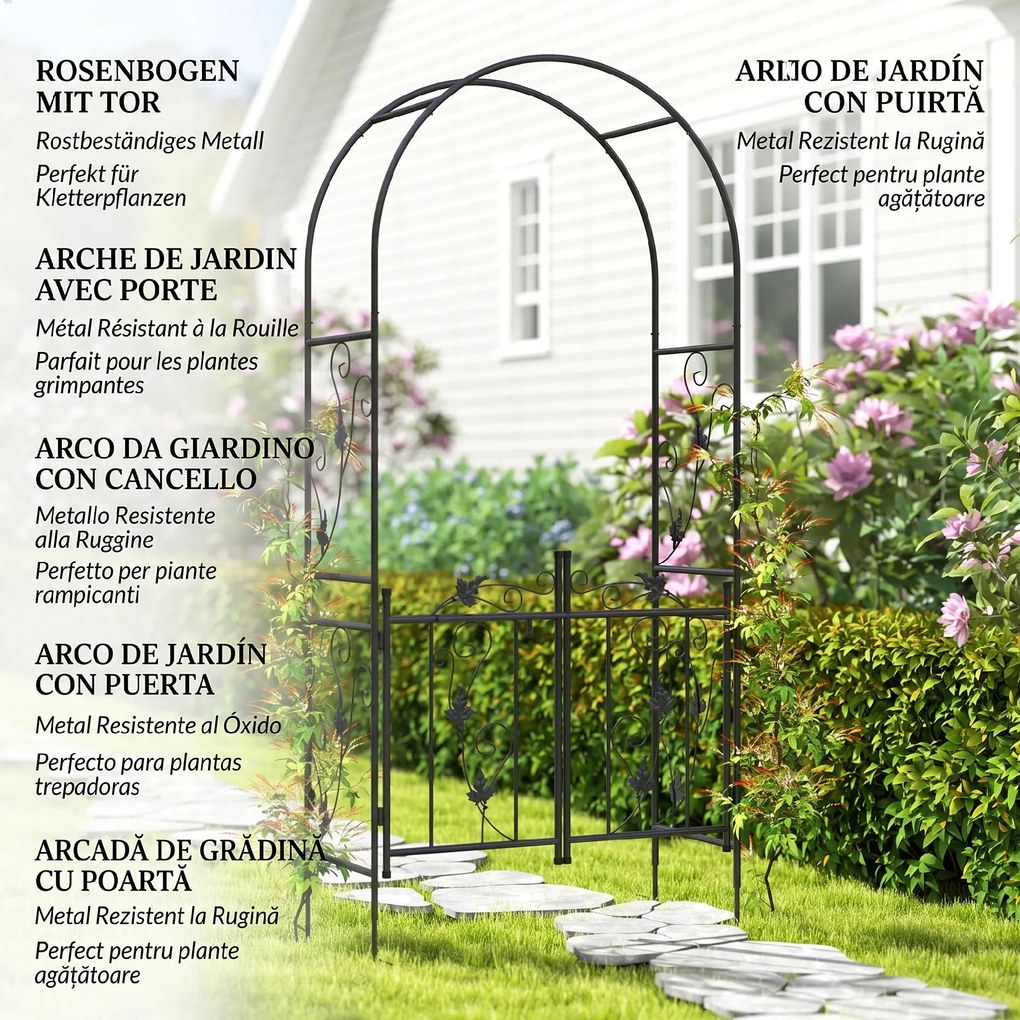Outsunny Arc de Grădină cu Poartă și Grilaj pentru Plante Cățărătoare, 2,2x1 m, Negru | Aosom Romania