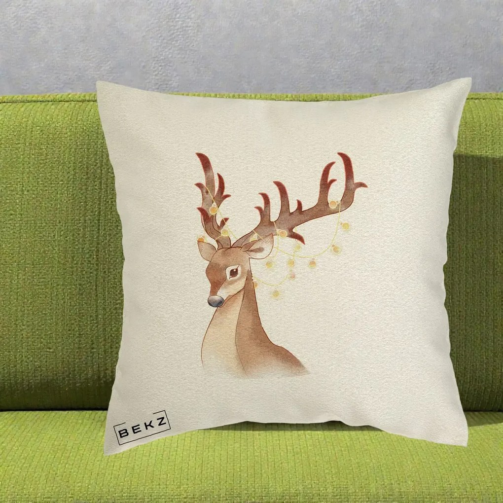 Perna Decorativa Ren cu Luminite de Craciun, 40x40 cm, Ecru, Husa Detasabila, Perna Inclusa, BEKZ®