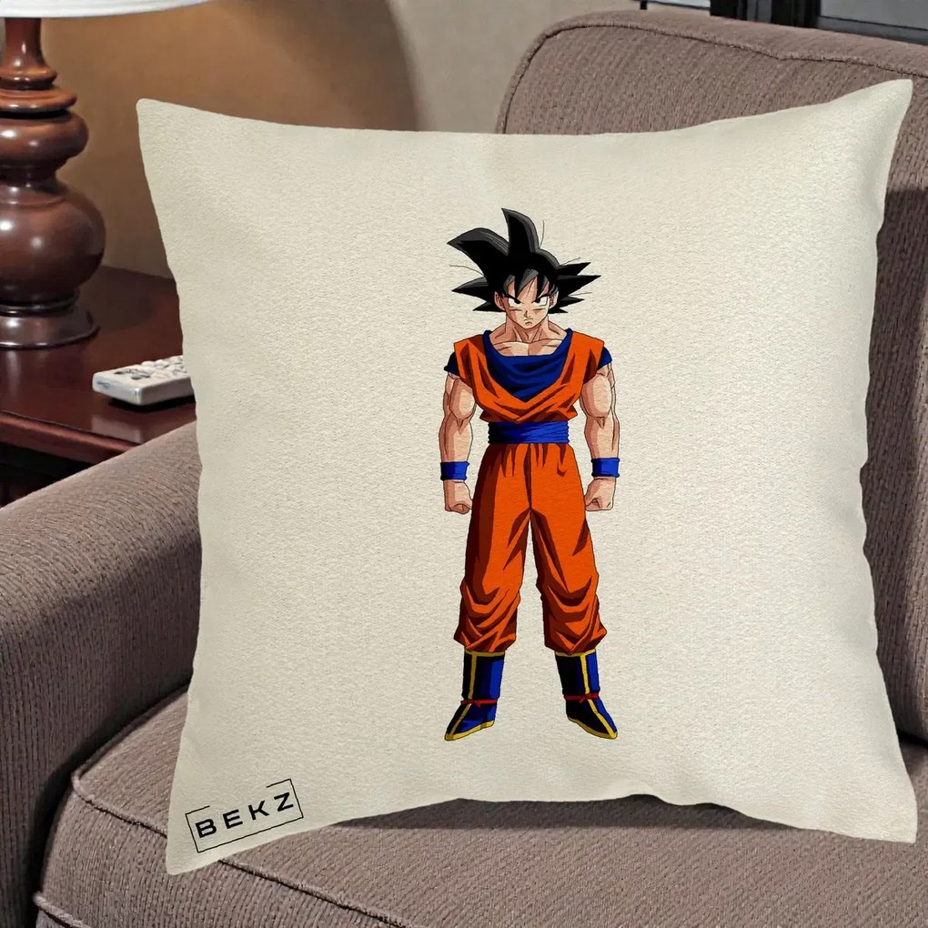 Perna Personalizata Dragon Ball Goku Complet in Gi Portocaliu, 40x40 cm, Ecru, Husa Detasabila, Perna Inclusa, BEKZ®