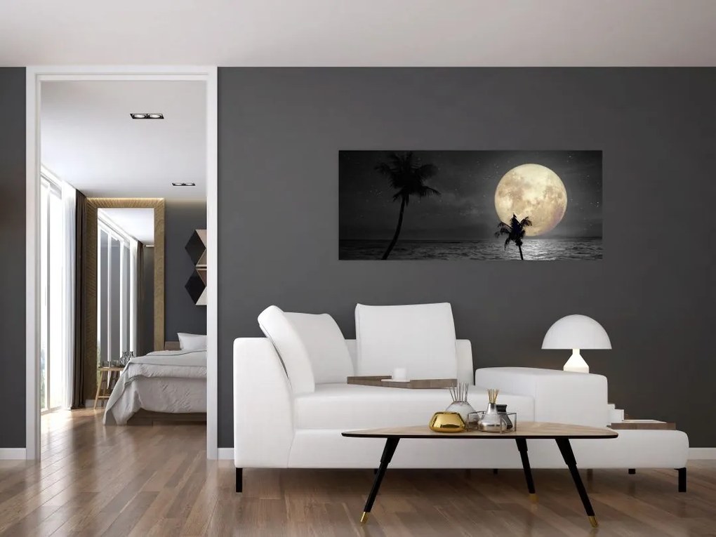 Tablou - Plaja cu lună plină, nuanțe gri (120x50 cm)