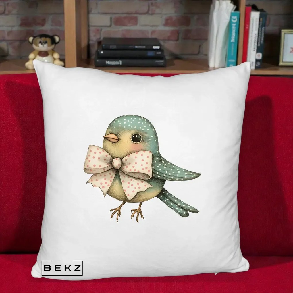 Perna Decorativa Pasare Teal cu Fundita cu Buline, 40x40 cm, Alb Pufos, Husa Detasabila, Perna Inclusa, BEKZ®