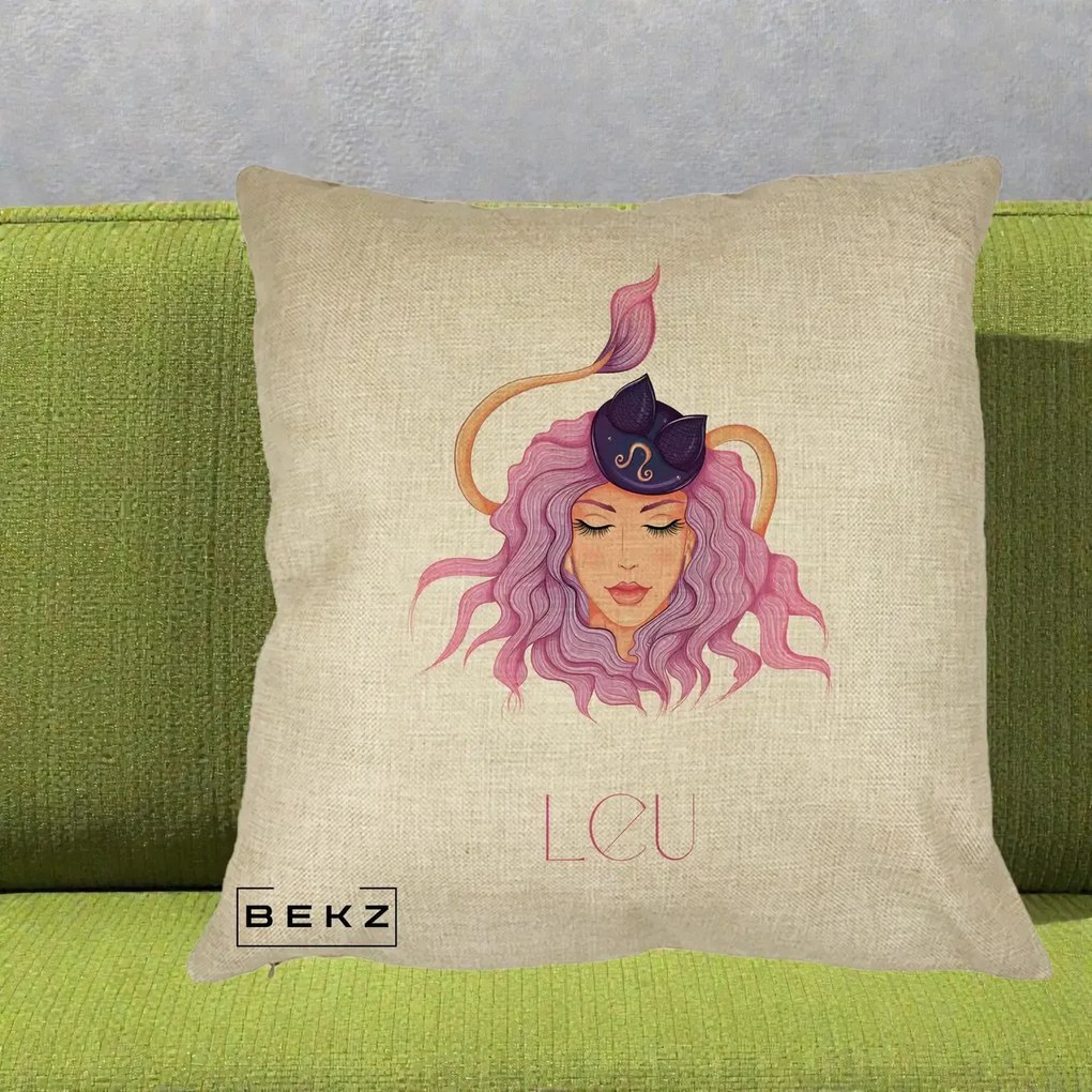 Perna Personalizata Zodie Leu, 40x40 cm, Crem, Husa Detasabila, Perna Inclusa, BEKZ®