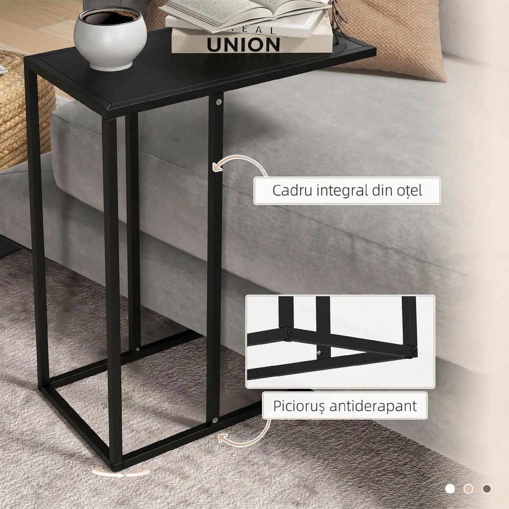 HOMCOM, Masa Laterala in Forma de C cu Cadru din Otel pentru Canapea si Pat, Negru