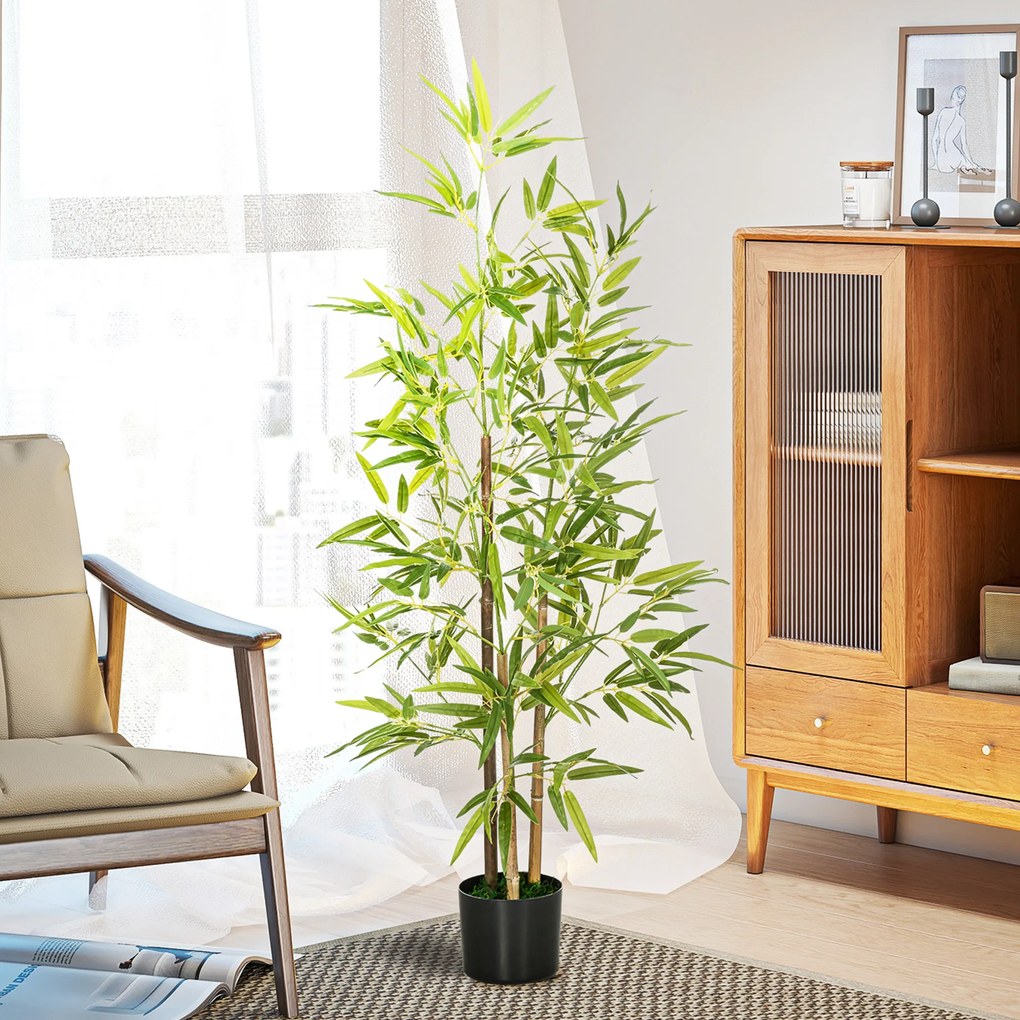HOMCOM Set Plante Bambus Artificiale cu 3 Trunchiuri cu Ghiveci, Plante Artificiale din PP și Metal, 15x15x120 cm, Verde | Aosom Romania