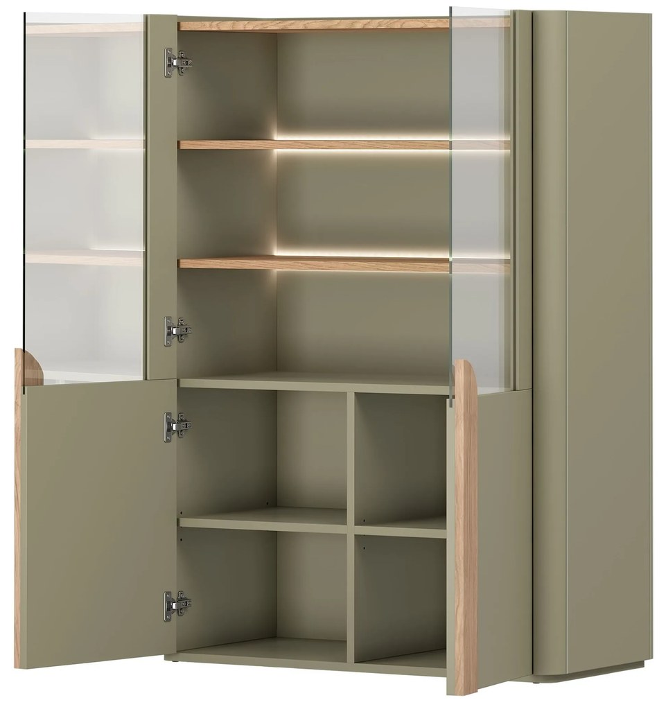 Vitrină Amilio 100 cm cu 2 uși - eucalipt / stejar baltic dune / mânere stejar natural