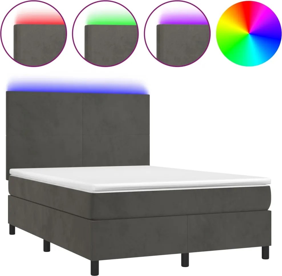 vidaXL Pat cu arcuri, saltea și LED, gri închis, 140x200 cm, catifea