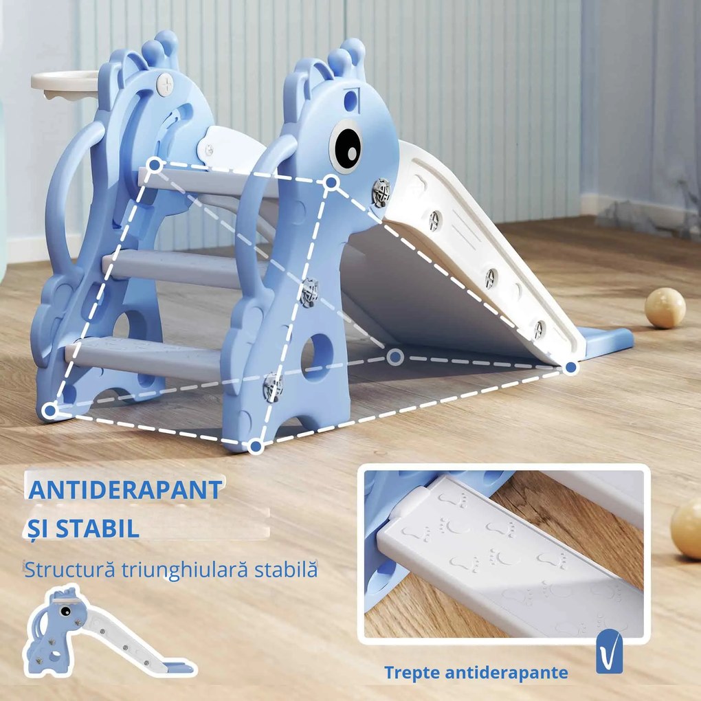 AIYAPLAY Tobogan 3 în 1 pentru Copii, Forma de Girafă, Coș de Baschet, Minge, Albastru | Aosom Romania