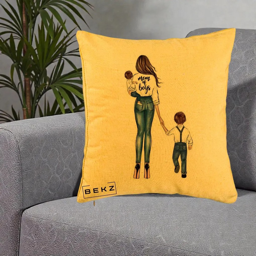 Cadou pentru Mama - Perna Personalizata Mom of Boys Mama cu Baietii, 40x40 cm, Galben, Husa Detasabila, Perna Inclusa, BEKZ®