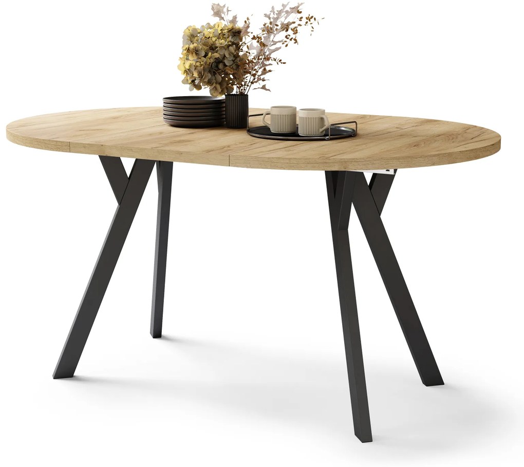 Mazzoni ALDO Stejar Craft Auriu/picioare negre - MASĂ ROTUNDĂ STIL LOFT PENTRU SALON/SUFRAGERIE EXTENSIBILĂ CU PICIOARE ÎN FORMĂ DE "Y"