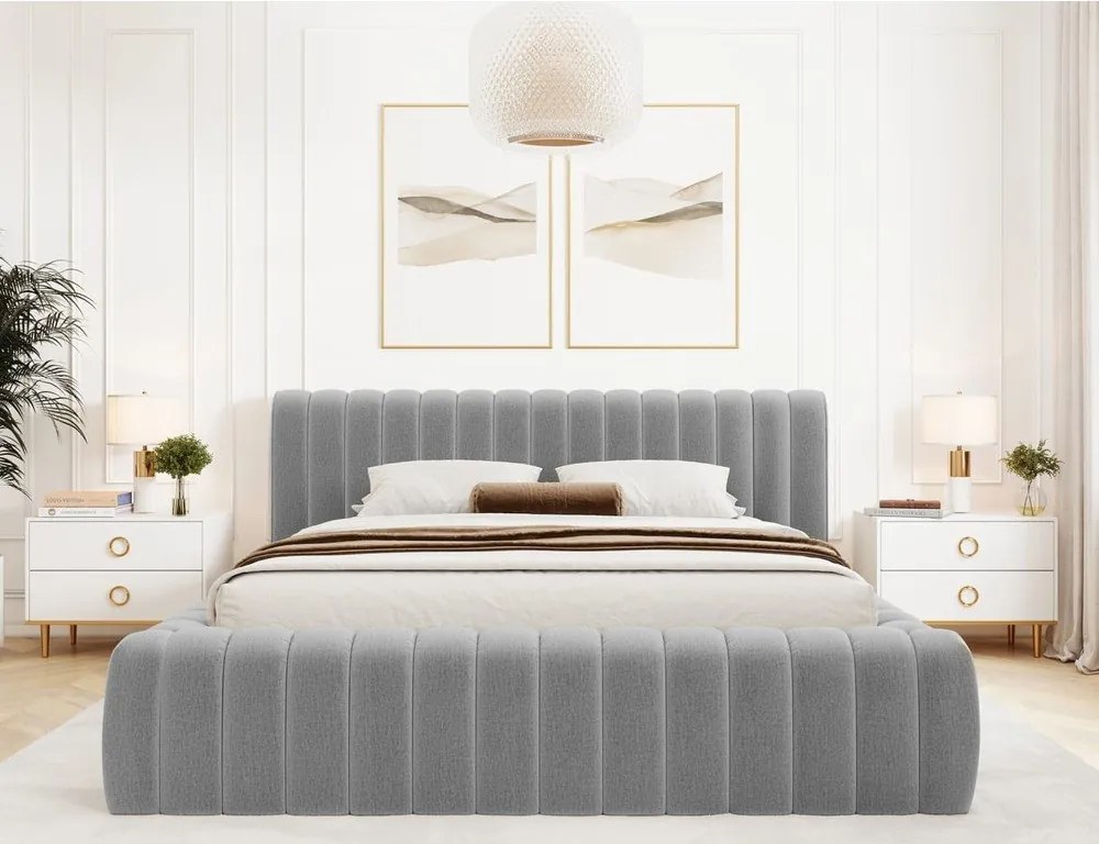 Pat matrimonial gri deschis tapițat cu spațiu de depozitare cu somieră 140x200 cm Carilla – ELTAP