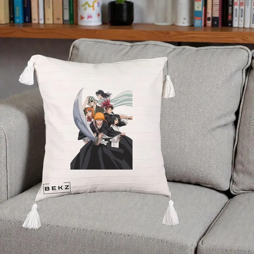 Perna Personalizata Bleach Grup Complet Ichigo si Prietenii, 40x40 cm, Bej cu Franjuri, Husa Detasabila, Perna Inclusa, BEKZ®