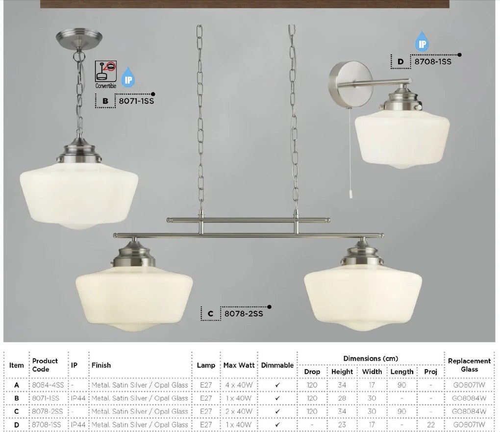 Pendul design clasic IP44 School House argintiu satin 8071-1SS SRT
