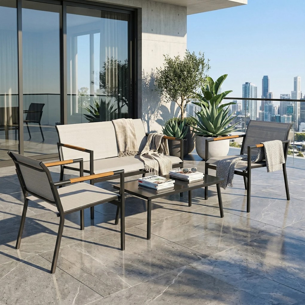 Outsunny Set mobilier de grădină pentru 4 persoane, lounge respirabil cu canapea 2 locuri, 2 fotolii, masă metalică, piciorușe de protecție | Aosom Romania