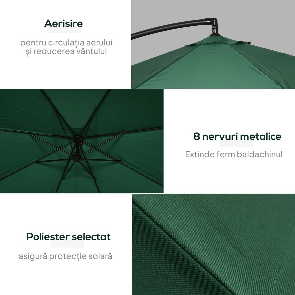 Outsunny Umbrelă de Soare cu Plasă de Țânțari, Umbrelă de Soare cu Deschidere Manivelă și Bază Transversală, 295x295x240 cm, Verde | Aosom Romania