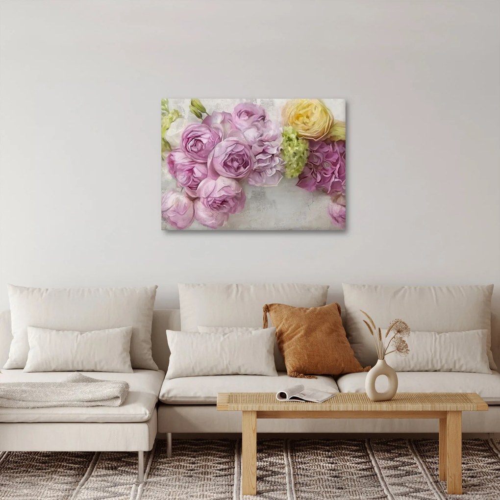 Tablou - Flori pe perete culorile pastel (70x50 cm)